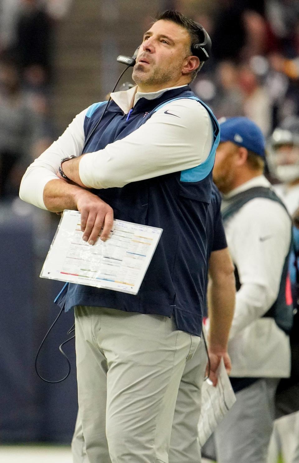 Tennessee Titans head coach Mike Vrabel walks the sideline during the fourth quarter at NRG Stadium Sunday, Jan. 9, 2022 in Houston, Texas.