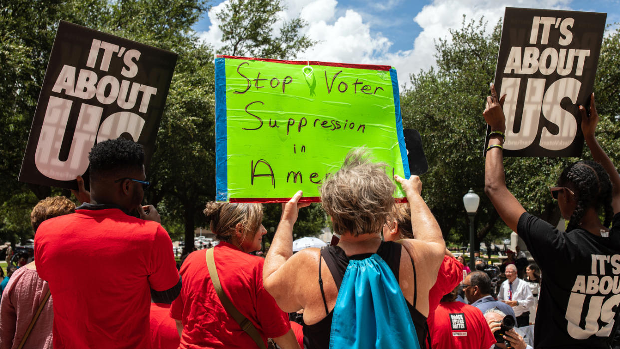 Demonstrators are gathered outside of the Texas State Capitol during a voting rights rally on the first day of the 87th Legislature's special session on July 8, 2021 in Austin, Texas. (Tamir Kalifa/Getty Images)