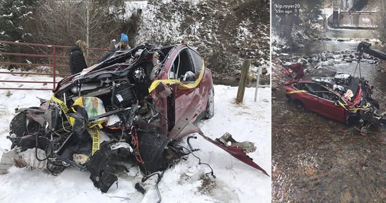 Tesla 摔落 20 英尺溪谷的嚴重車禍 ，車上 5 名成員全部生還