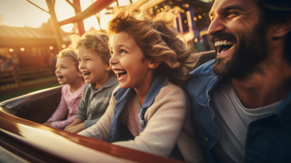 A family happily enjoying a theme park ride, showing the joy of experiential leisure travel.