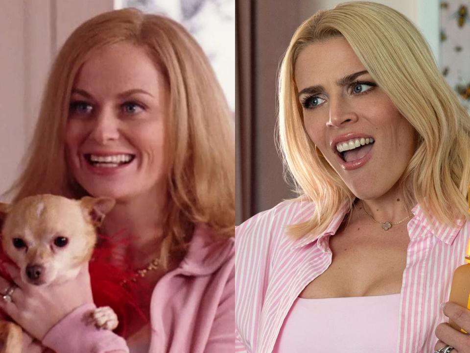 Left: Amy Poehler as Mrs. George in the 2004 version of "Mean Girls." Right: Busy Philipps as Mrs. George in the 2024 version of "Mean Girls."