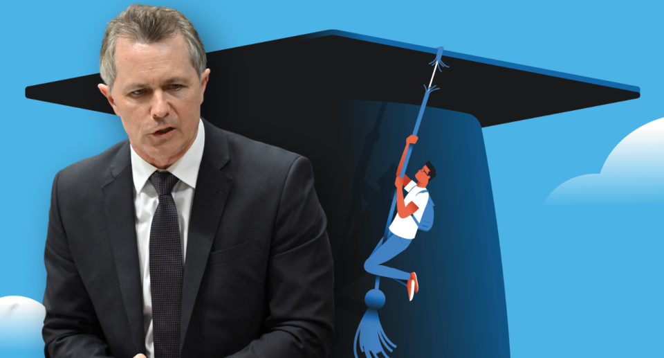 Education minister Jason Clare next to graphic of person swinging on a graduation cap