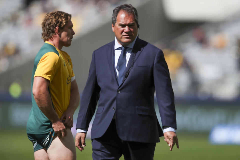 Australia's rugby coach Dave Rennie watches his players warm up ahead of the Rugby Championship game between the All Blacks and the Wallabies in Perth, Australia, Sunday, Sept. 5, 2021. (AP Photo/Gary Day)