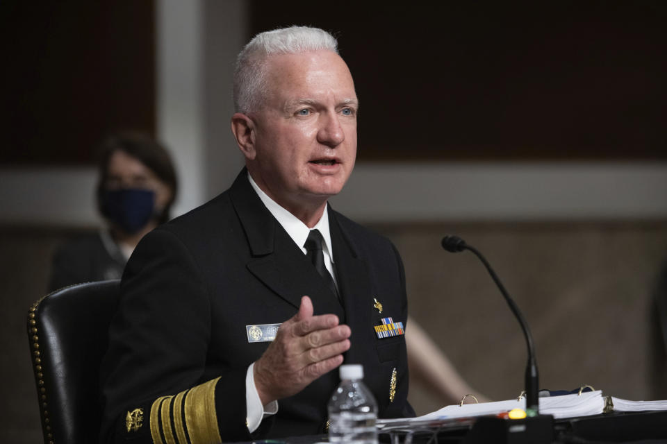 Adm. Brett Giroir, assistant secretary of Health and Human Services, testifies during a Senate Senate Health, Education, Labor, and Pensions Committee Hearing on the federal government response to COVID-19 on Capitol Hill Wednesday, Sept. 23, 2020, in Washington. (Graeme Jennings/Pool via AP)