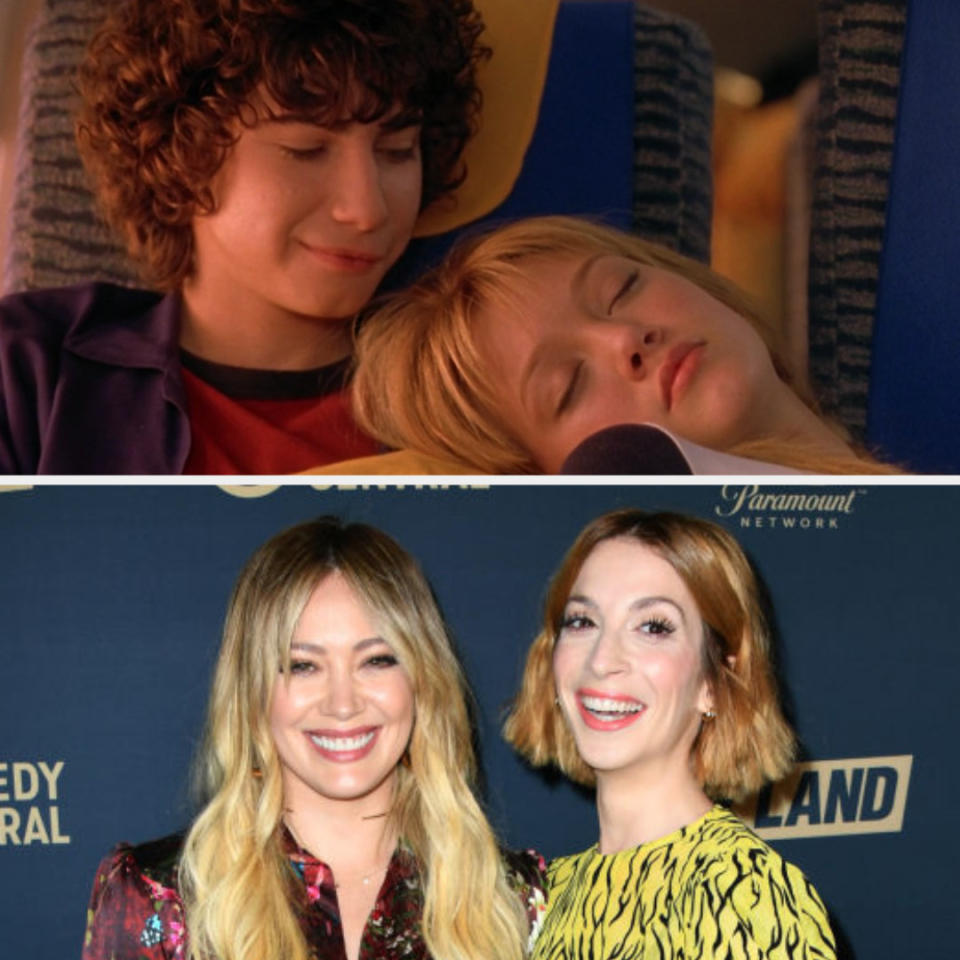 Above, Lizzie leans on Gordo's shoulder on the plane. Below, Duff poses with Bernard at a press event.