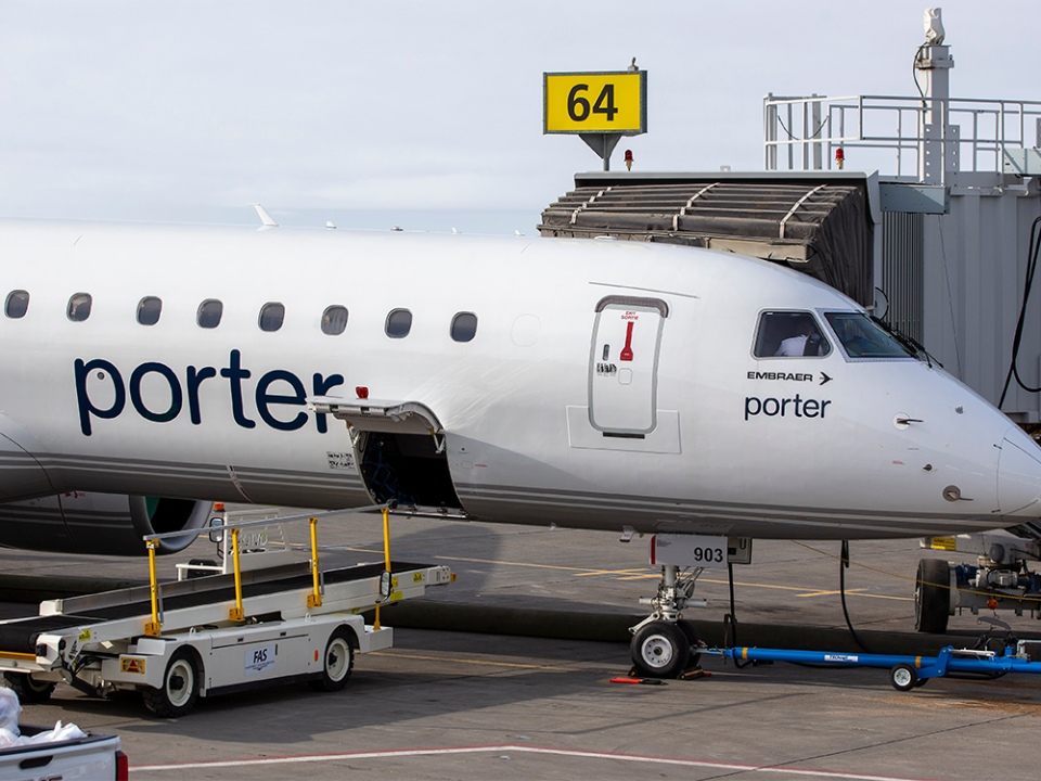  One of Porter Airlines’ new Embraer E195-E2 jets is seen at the Edmonton airport Feb. 14, 2023.