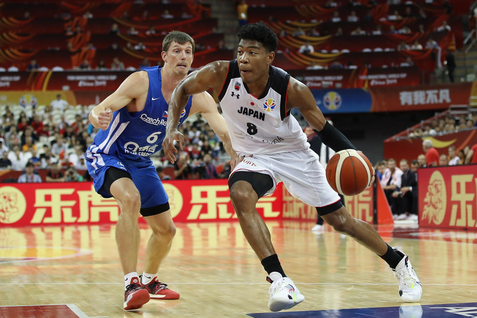 SHANGHAI, CHINA - SEPTEMBER 03:  Rui Hachimura #8 of Japan in action against Pavel Pumprla of Czech Republic during the 1st round Group E match between Japan and Czech Republic of 2019 FIBA World Cup at the Oriental Sports Center on September 3, 2019 in Shanghai, China.  (Photo by Lintao Zhang/Getty Images)