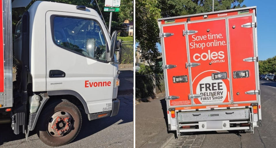 Two photos of Coles truck, Evonne.