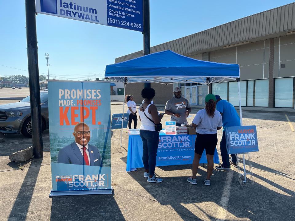 Supporters of Little Rock Mayor Frank Scott gather to canvas neighborhoods in Little Rock, Ark., on Saturday, Sept. 17, 2022. Scott faces three challengers in his reelection bid in November. (AP Photo/Andrew DeMillo)