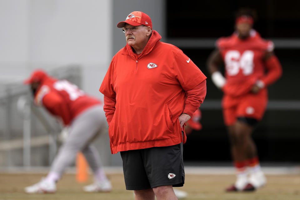 Kansas City Chiefs head coach Andy Reid watches during the team's NFL football practice Thursday, Feb. 1, 2024 in Kansas City, Mo. The Chiefs will play the San Francisco 49ers in Super Bowl 58. (AP Photo/Charlie Riedel)
