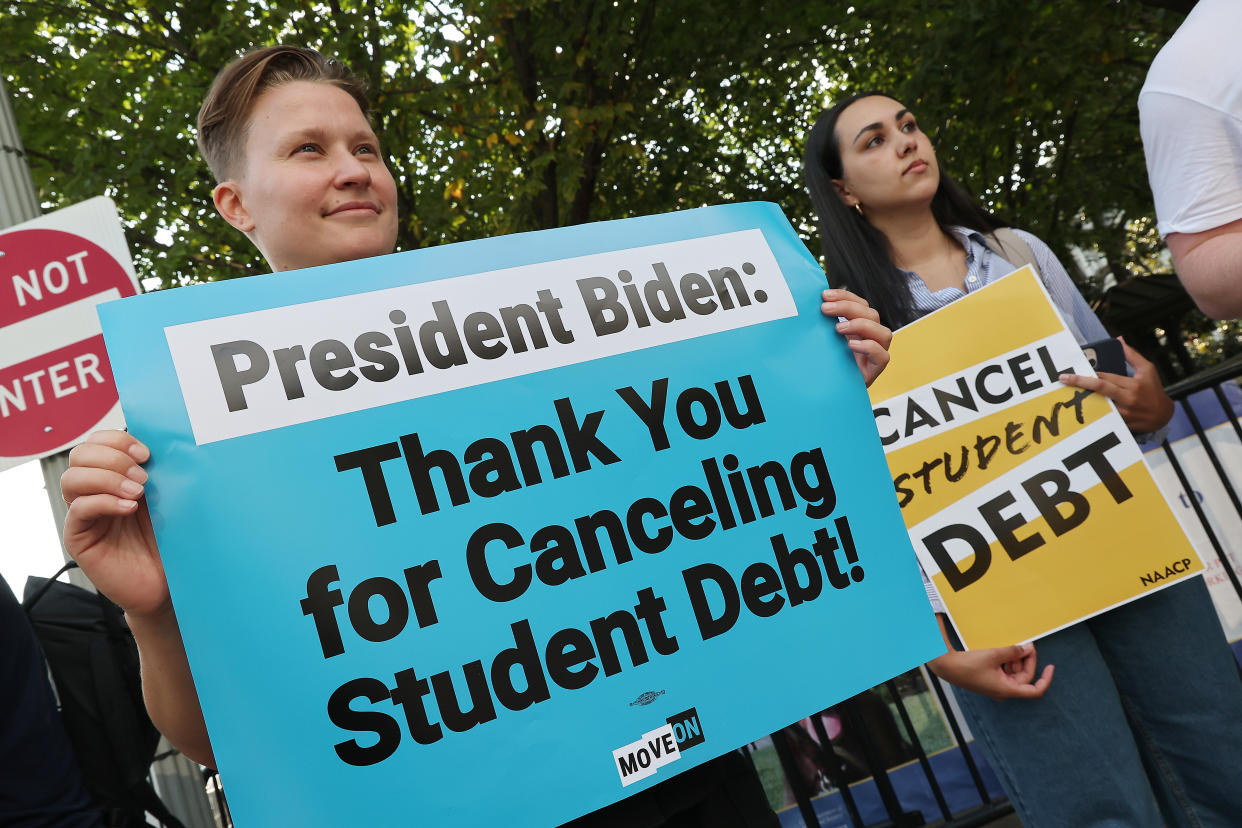 WASHINGTON, DC - AUGUST 25: Student loan borrowers stage a rally in front of The White House to celebrate President Biden cancelling student debt and to begin the fight to cancel any remaining debt on August 25, 2022 in Washington, DC. (Photo by Paul Morigi/Getty Images for We the 45m)