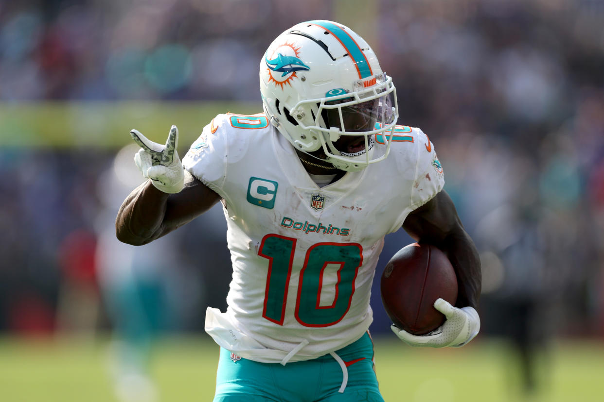 Wide receiver Tyreek Hill #10 of the Miami Dolphins is one of the fastest players in the NFL