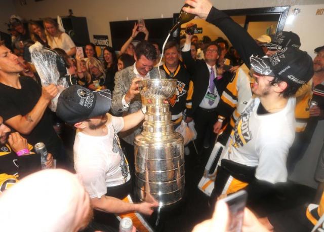 Evgeni Malkin & Sidney Crosby with Cup 2017 Stanley Cup Champs Pittsburgh  Penguins SATIN 8x10 Photo 