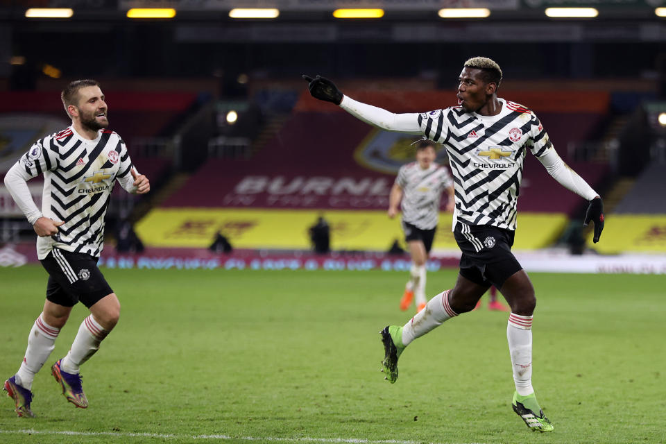 Paul Pogba (right) and Manchester United earned a deserved win over Burnley on Tuesday, and sit atop the Premier League table this late in the season for the first time since 2013. (Photo by Clive Brunskill/Getty Images)