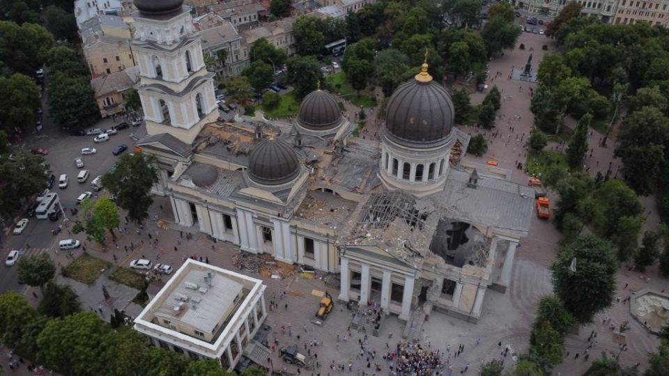 In an aerial view, the Transfiguration Cathedral heavily damaged by Russian missile on July 23, 2023 in Odesa, Ukraine.