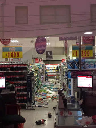 Merchandise is seen on the ground inside a supermarket after an earthquake hit off the coast in Vina del Mar, Chile April 24, 2017 REUTERS/Stringer