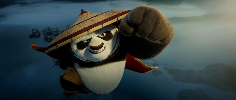 Furry martial-arts warrior Po (voiced by Jack Black) tackles an evil shape-shifting lizard in the animated adventure "Kung Fu Panda 4."