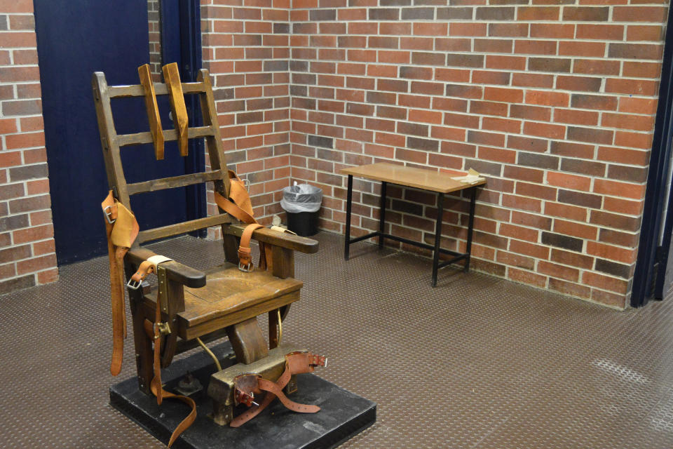 FILE - This March 2019 photo provided by the South Carolina Department of Corrections shows the state's electric chair in Columbia, S.C. The South Carolina Supreme Court is hearing arguments on Thursday, Jan. 5, 2023, to determine if execution in the electric chair or firing squad are cruel and unusual punishments. (Kinard Lisbon/South Carolina Department of Corrections via AP, File)