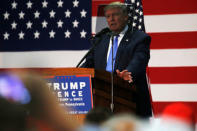 Republican U.S. presidential nominee Donald Trump reads from a teleprompter as he addresses a campaign rally in Newtown, Pennsylvania, U.S. October 21, 2016. REUTERS/Jonathan Ernst