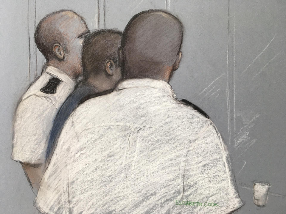 Court artist sketch by Elizabeth Cook of the 17 year old appearing at the Old Bailey in London charged with attempted murder after allegedly throwing a six-year-old boy from a viewing platform at the Tate Modern art gallery.