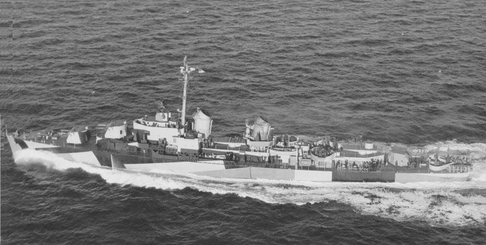 A photo of the USS Drexler, struck by a kamikaze plane on May 28, 1945, resulting in the deaths of Winchendon sailors Leo Bisson and William Rees.