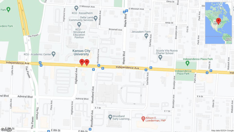 A detailed map that shows the affected road due to 'Independence Avenue/US-24 closed in Kansas City' on July 5th at 6:59 p.m.