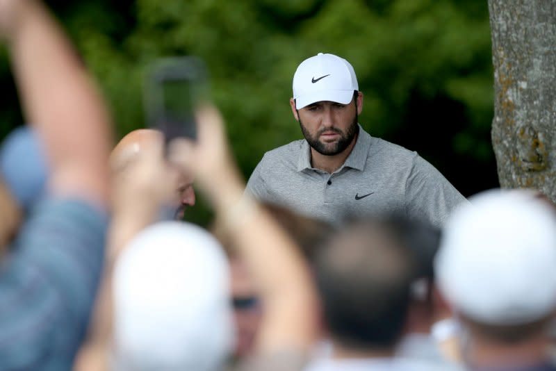 Scottie Scheffler is surrounded by the crowd during the third round of the 2024 PGA Championship on Saturday at Valhalla Golf Club in Louisville, Ky. Photo by John Sommers II/UPI