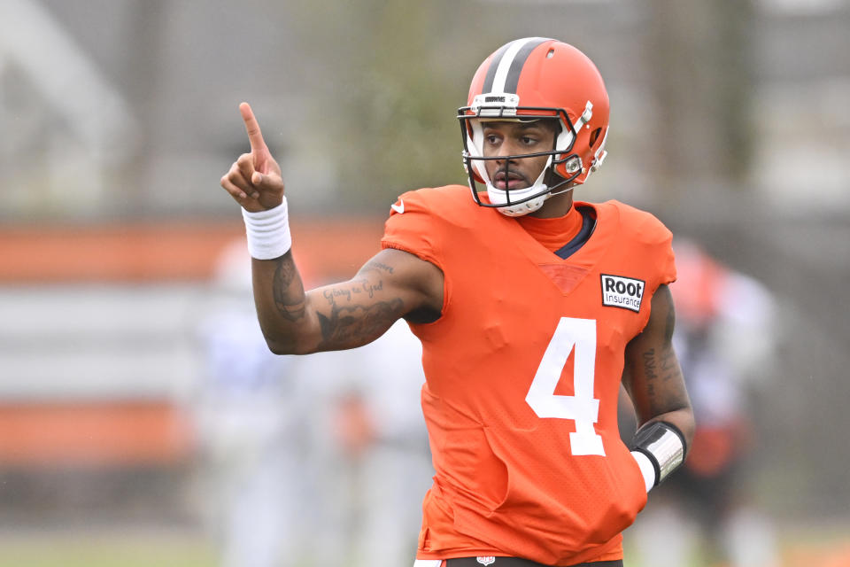 Cleveland Browns quarterback Deshaun Watson stands on the field during an NFL football practice at the team's training facility Wednesday, Nov. 16, 2022, in Berea, Ohio. (AP Photo/David Richard)