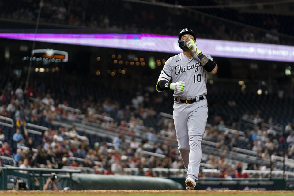 Chicago White Sox's Yoan Moncada celebrates after hitting a home run against the Washington Nationals during the seventh inning of a baseball game Tuesday, Sept. 19, 2023, in Washington. (AP Photo/Stephanie Scarbrough)
