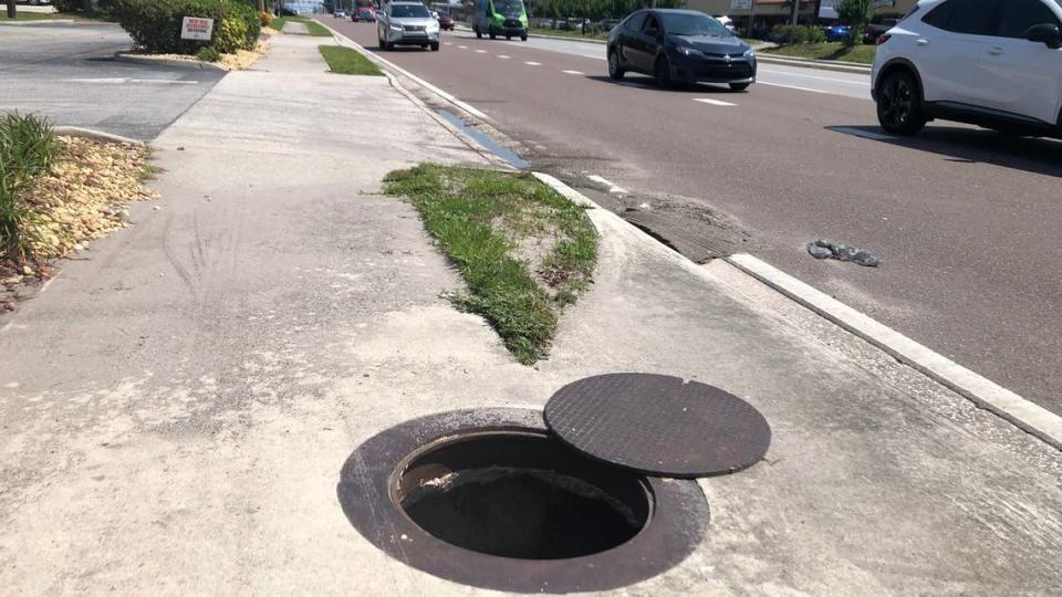 Hibachi Grill & Supreme Buffet, 3161 First Street, Bradenton, was closed on Monday after flooding from heavy rains forced it to close Sunday afternoon. Stormwater runoff was so strong that it lifted and moved this manhole cover.