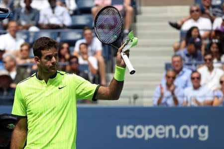 Sep 5, 2016; New York, NY, USA; Juan Martin Del Potro of Argentina waves to the crowd after his match against Dominic Thiem of Austria (not pictured) on day eight of the 2016 U.S. Open tennis tournament at USTA Billie Jean King National Tennis Center. Del Potro won 6-3, 3-2 (ret.). Mandatory Credit: Geoff Burke-USA TODAY Sports