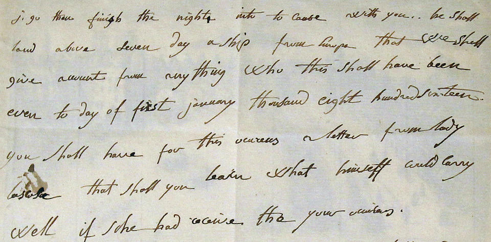 Detail of a March 9, 1816 letter written in English by French emperor Napoleon the 1st is presented Sunday, June 10, 2012 in Fontainebleau, South of Paris, before being auctioned. The letter was sold euro 325 000, ($406 000). (AP Photo/Remy de la Mauviniere)