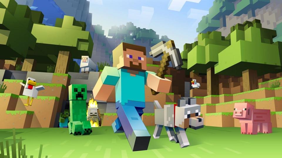 A shot of Minecraft characters, led by a man and his dog, walking through a forest world