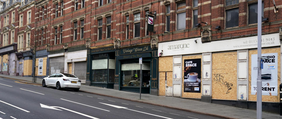 A row of boarded up shops in Nottingham City Centre during England's third national lockdown to curb the spread of coronavirus. Picture date: Friday February 19, 2021.