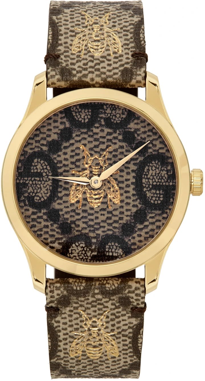 Gucci-Gold-and-Beige-G-Timeless-Bee-Watch