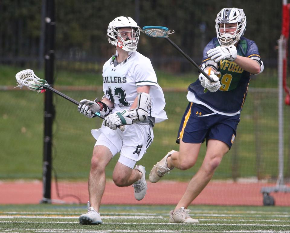 Tower Hill's Chris Cobb (left) is guarded by Sanford's Edward Jefferson in the Hillers' 9-8 overtime win at Tower Hill School Thursday, April 6, 2023.