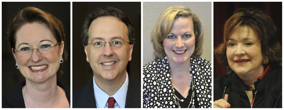 This combination of photos shows West Virginia state Supreme Court justices, from left, Robin Davis on Oct. 3, 2012, Allen Loughry on Oct. 3, 2012, Beth Walker on March 16, 2016 and Margaret Workman on Dec. 29, 2008. The West Virginia House of Delegates is considering impeachment articles against all four justices. (Courtesy of the Charleston Gazette-Mail and The Daily Mail via AP)