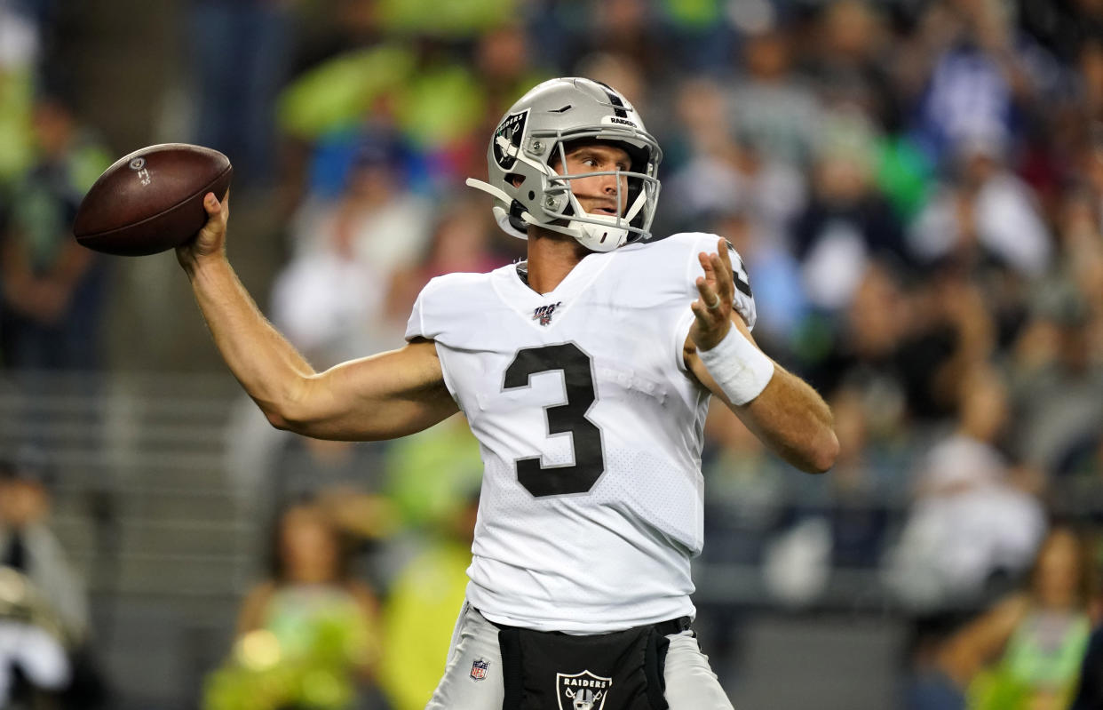 Aug 29, 2019; Seattle, WA, USA; Oakland Raiders quarterback Nathan Peterman (3) throws a pass in the third quarter against the Seattle Seahawks at CenturyLink Field. Mandatory Credit: Kirby Lee-USA TODAY Sports