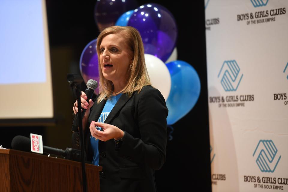 Stacy Jones, CEO of the Boys & Girls Clubs of the Sioux Empire announces to sixth graders about the new boys and girls club addition on Monday, Oct. 23, 2023 at George McGovern Middle School in Sioux Falls, South Dakota.