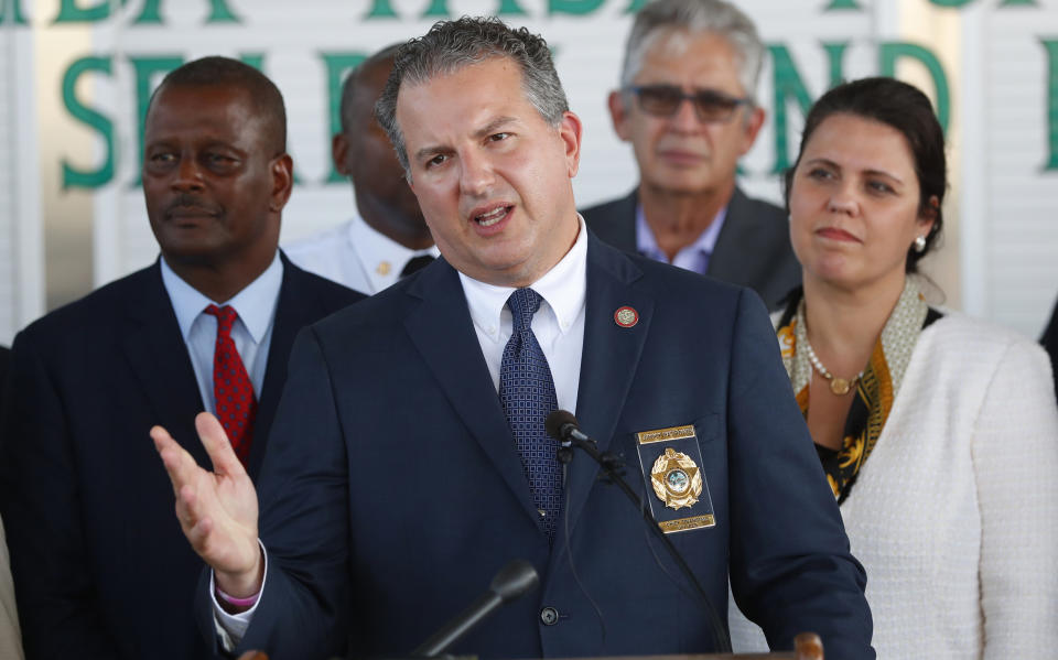 Florida Chief Financial Officer Jimmy Patronis speaks during a news conference about hurricane preparedness, Wednesday, June 19, 2019, at the Miami-Dade Fire Rescue Training Facility in Miami. Patronis said that the best form of safety was preparedness. His office has launched a new initiative, PrepareFL, which includes information on disaster preparedness, as well as rebuilding life after a hurricane. (AP Photo/Wilfredo Lee)