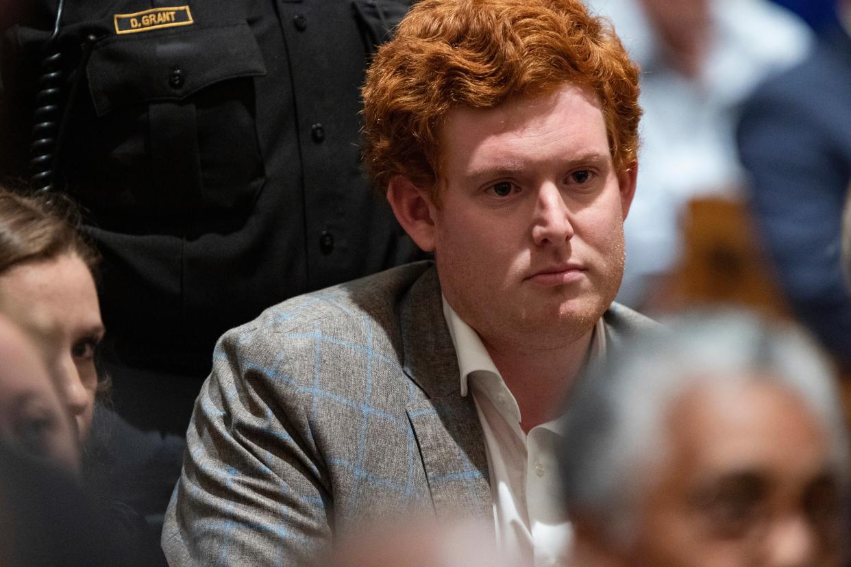 Buster Murdaugh, the son of Alex Murdaugh, listens as Alex Murdaugh's verdict is read at the Colleton County Courthouse in Walterboro, Thursday, 2 March 2023 (AP)