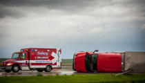 THURMAN, IA - APRIL 14: Several Semi trucks and their trailers are overturned on Interstate 29 April 14, 2012 in Thurman, Iowa. The storms were part of a massive system that affected areas from Northern Nebraska south through Oklahoma.