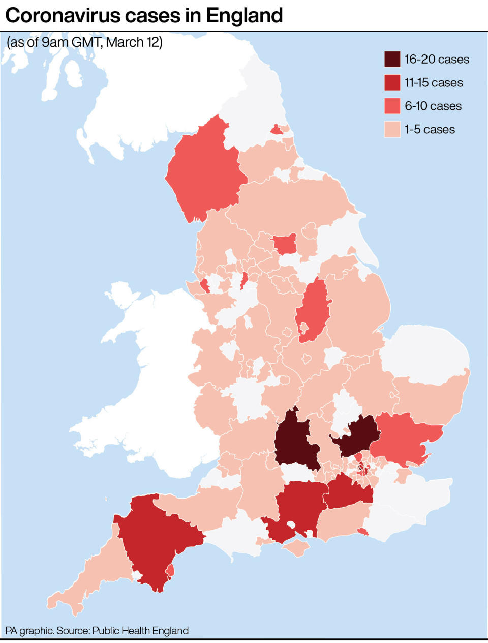 Coronavirus cases in England as of Thursday. (PA)