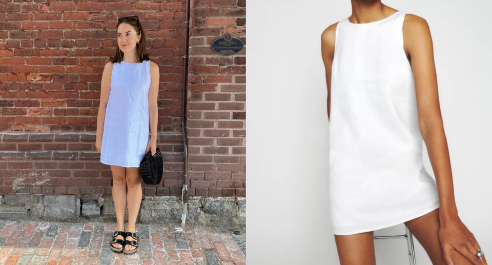 split screen of brunette woman against brick wall wearing reformation Jessi Linen Dress in white