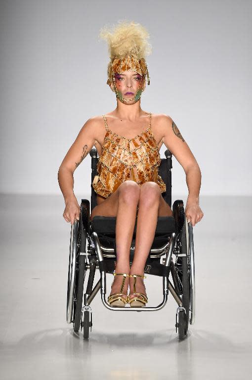 A model presents the Antonio Urzi collection at the FTL Moda fashion show during New York Fashion Week at Lincoln Center on February 15, 2015