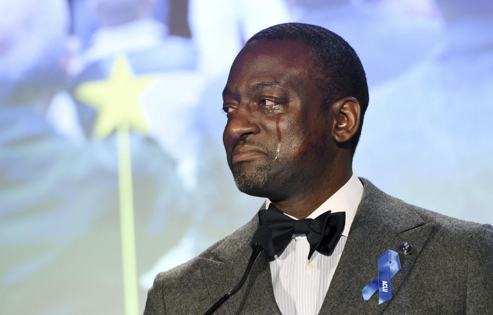 Honoree Yusef Salaam becomes emotional as he addresses the audience at the ACLU SoCal's 25th Annual Luncheon at the JW Marriott at LA Live, Friday, June 7, 2019, in Los Angeles. (Photo by Chris Pizzello/Invision/AP)