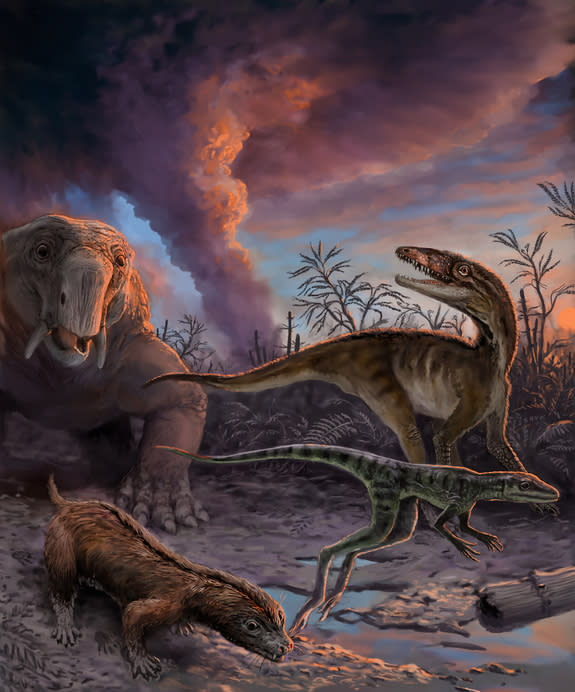 Ancient animals run away from an erupting volcano 235 million years ago in northwestern Argentina. These animals later ended up as fossils in the Chañares Formation. The site includes fossils of early mammal relatives Dinodontosaurus (left back