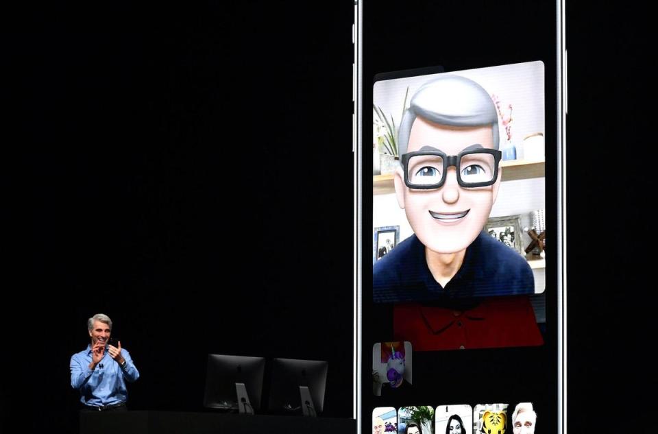 Apple CEO Tim Cook (right) speaks using his Memoji during 2020’s WWDC in California (Getty Images)
