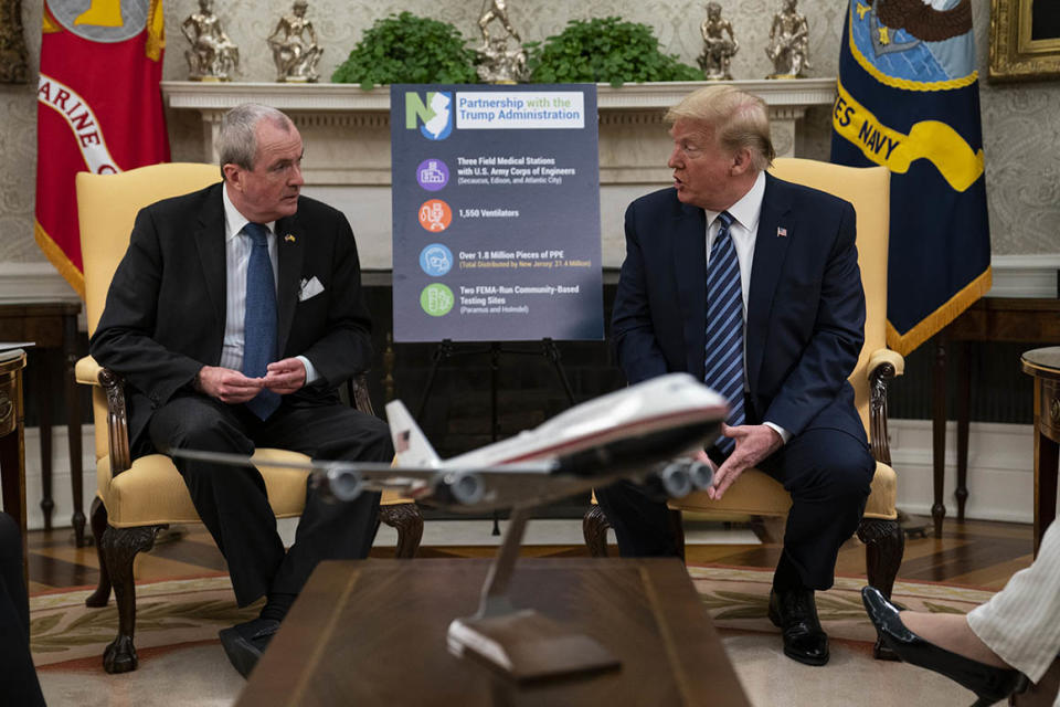 President Donald Trump speaks during a meeting about the coronavirus response with Gov. Phil Murphy, D-N.J., in the Oval Office of the White House, Thursday, April 30, 2020, in Washington. (AP Photo/Evan Vucci)