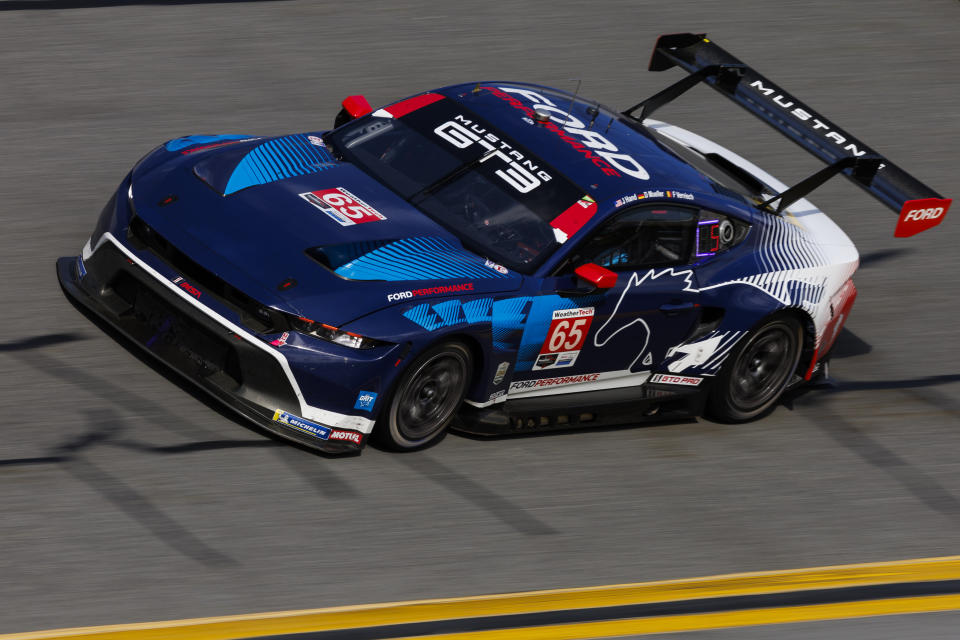 DAYTONA BEACH, FLORIDA - JANUARY 27: The #65 Ford Multimatic Motorsports Ford Mustang GT3 of Joey Hand, Dirk Mueller and Frederic Vervisch drives during the Rolex 24 at Daytona International Speedway on January 27, 2024 in Daytona Beach, Florida. (Photo by James Gilbert/Getty Images)